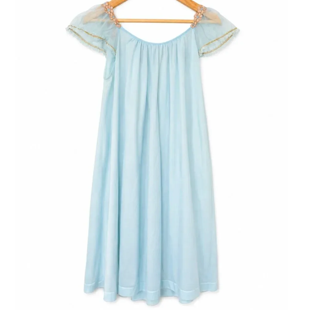 Vintage Pinehurst Blue Peignoir Set w/ Embroidered Lace Trim Med Robe Nightgown